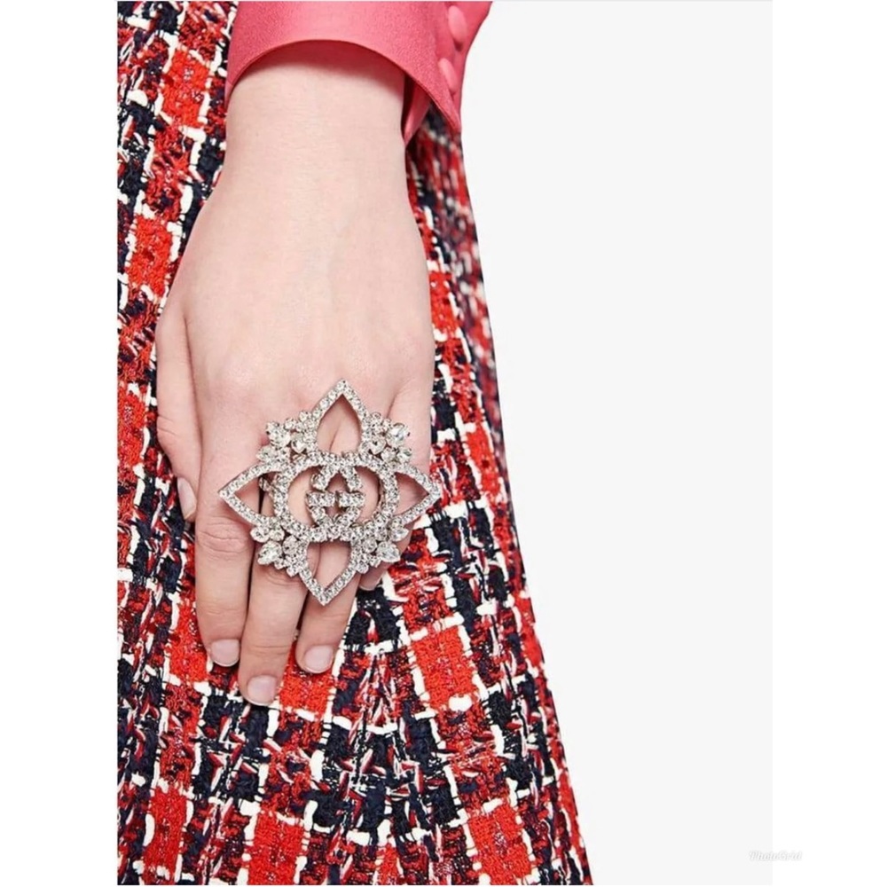 RUNWAY New! Gucci Strass Crystal Interlocking GG Flower Multi-Finger Ring